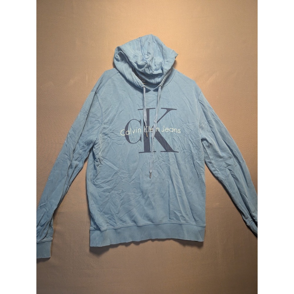 Calvin Klein Hoodie Mens Large Blue Ribbed Hem Long Sleeve Pullover Logo